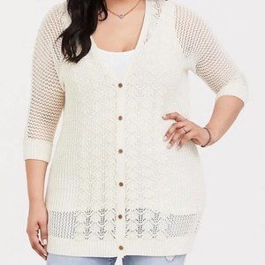 NWT Torrid Ivory Pointelle Cream Boyfriend Cardigan 3x 22-24